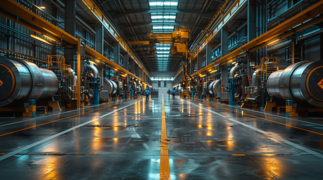 Große Industriehalle mit zwei Reihen zylindrischer Tanks entlang eines Mittelgangs, reflektierender Boden und gelbe Bodenmarkierung