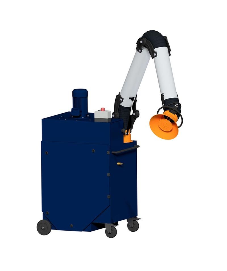 Système d'aspiration mobile de forme cubique bleue monté sur roulettes, équipé d'un moteur en saillie et d'un bras d'aspiration mobile muni d'un entonnoir orange