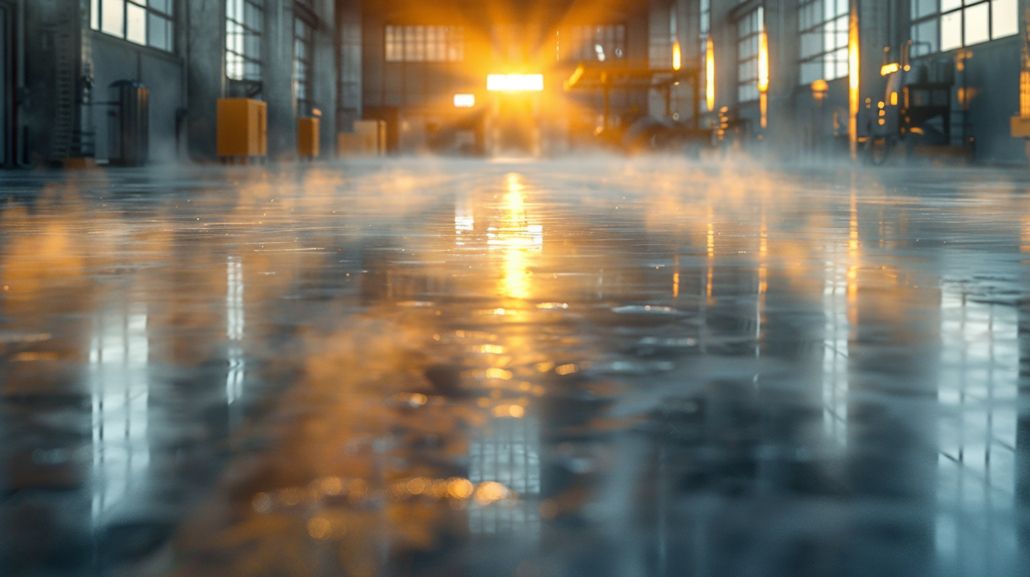 Hangar industriel à contre-jour, avec un sol réfléchissant et un voile de poussière ou de brouillard bas