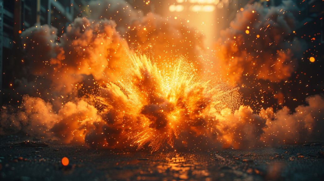 Staubexplosion mit Feuerball, Funken und aufsteigendem Rauch in dunkler Umgebung