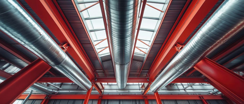 Untersicht auf verzinkte Lüftungsrohre und rote Stahlträger unter dem Dach einer Industriehalle