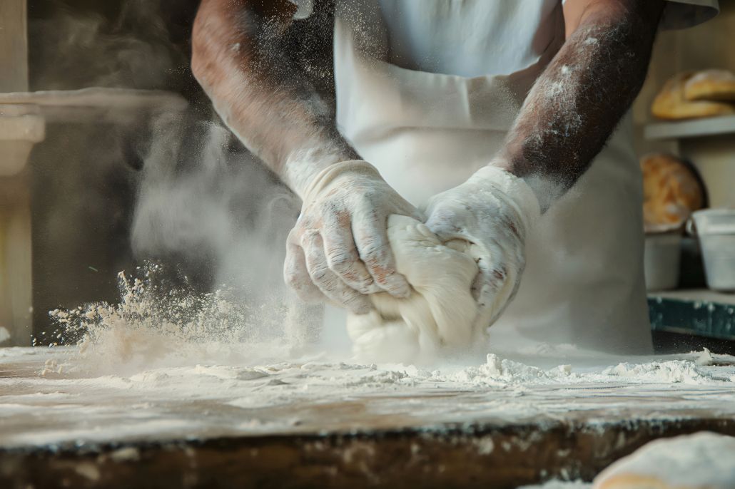 A baker kneads dough on a floured work surface, sending a cloud of flour dust into the air