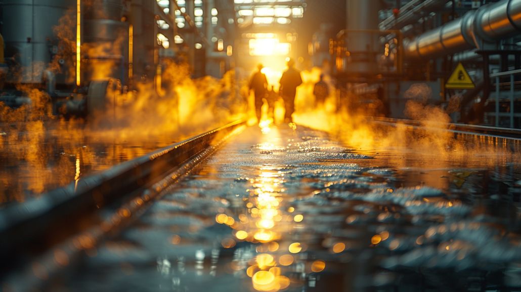 Industrieanlage im Gegenlicht mit aufsteigendem Nebel über dem Boden, im Hintergrund zwei Personen als Silhouetten zwischen Rohrleitungen