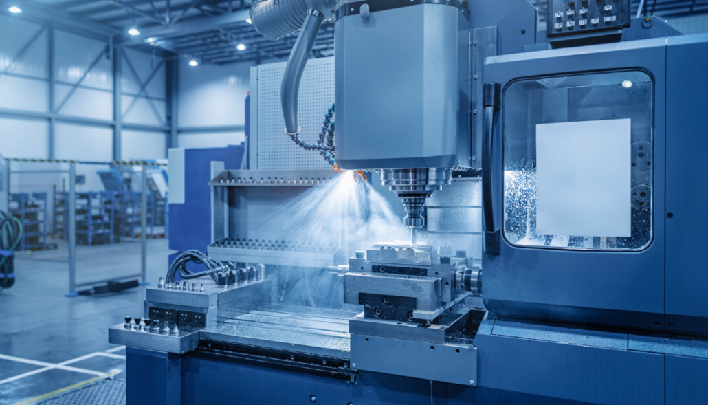 CNC-Bearbeitungszentrum in einer Werkhalle, Frässpindel über einem Werkstück mit sichtbarem Kühlmittelsprühnebel