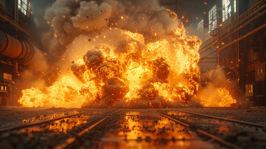 Staubexplosion mit großem Feuerball und Funken in einer Industriehalle
